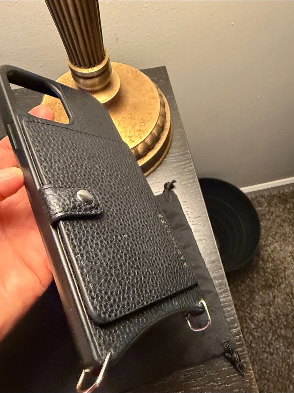 Bandolier Black Pebbled Leather Crossbody Wallet Phone Case with Gold Logo
